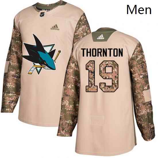 Mens Adidas San Jose Sharks 19 Joe Thornton Authentic Camo Veterans Day Practice NHL Jersey